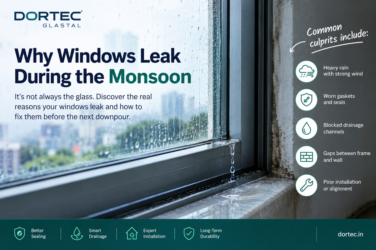 Aluminium window leaking during monsoon rain due to drainage and sealing issues